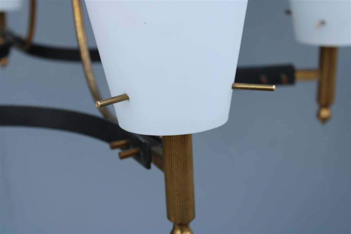 Round Mid Century Italian Stilnovo Chandelier Brass And White Murano Glass 1950 photo furniture