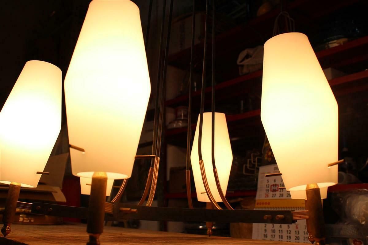 Lighting Round Mid Century Italian Stilnovo Chandelier Brass And White Murano Glass 1950 photo