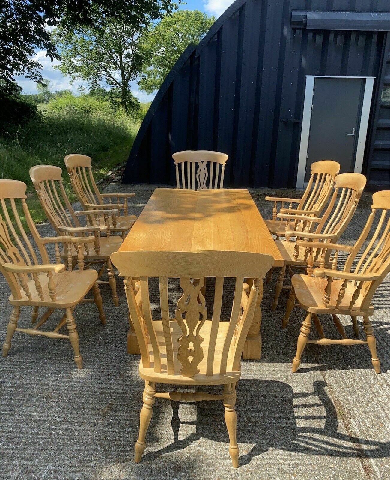 Modern Refactory Oak Country Dining Table & 8 Large Carvers   Seats 8  10 People photo Furniture