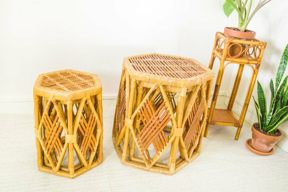 Nest Of 4 Rattan Hexagonal Side Tables / Stools / Plant Stands photo Furniture
