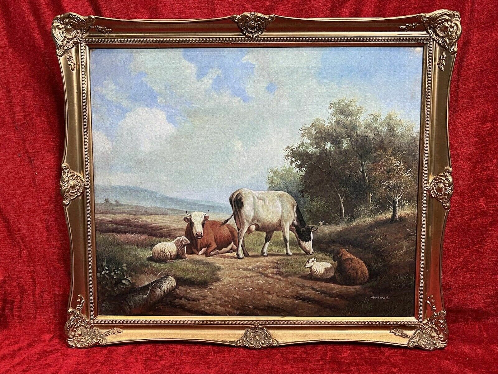 Fine Oil Painting Of Horned Cattle Grazing & Sheep In Landscape Signed Woodcock photo for sale
