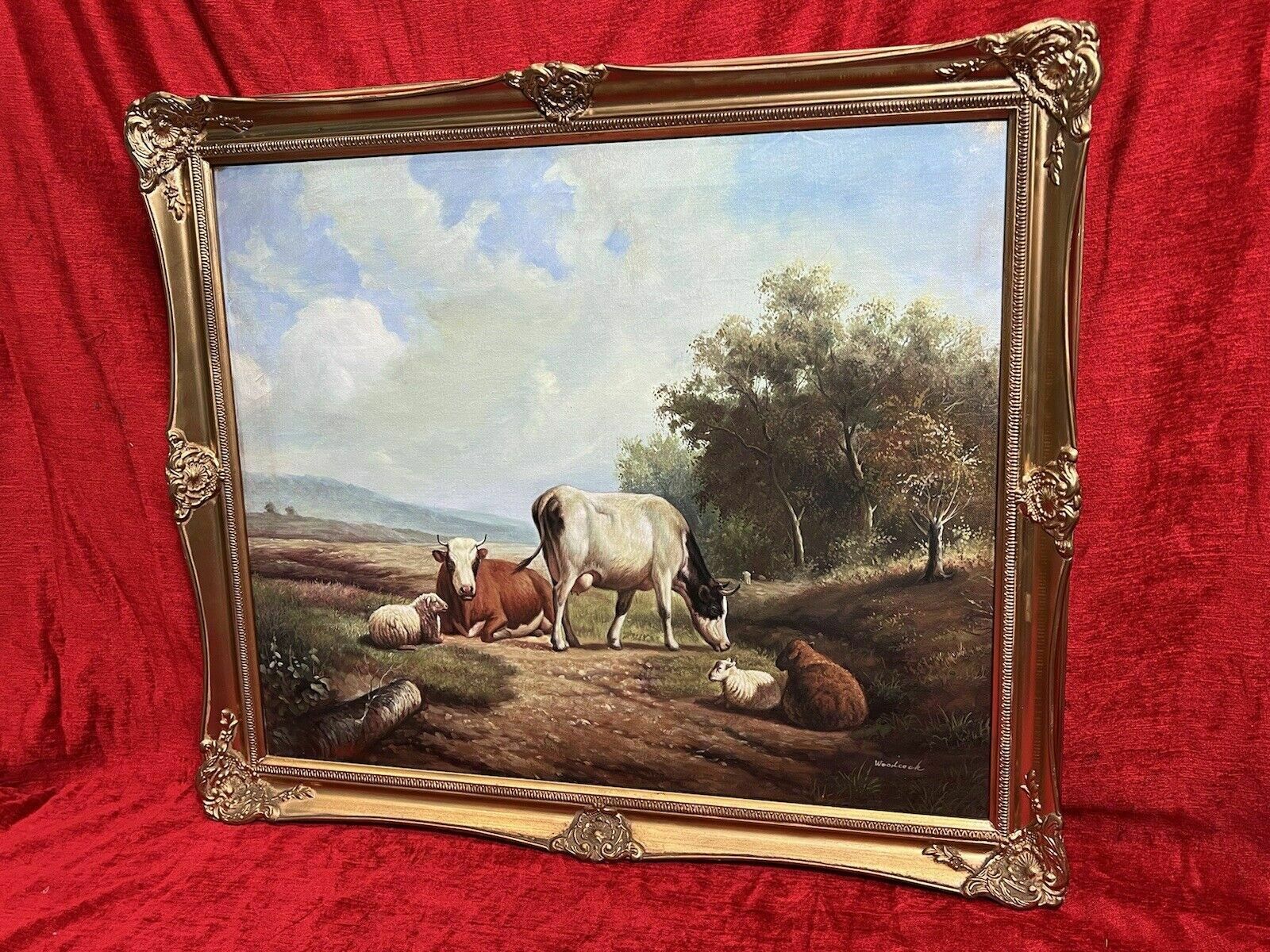 Fine Oil Painting Of Horned Cattle Grazing & Sheep In Landscape Signed Woodcock photo 800.0