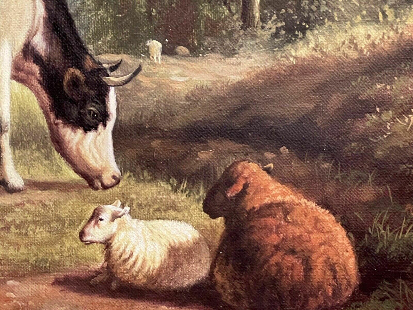 photo for sale Fine Oil Painting Of Horned Cattle Grazing & Sheep In Landscape Signed Woodcock