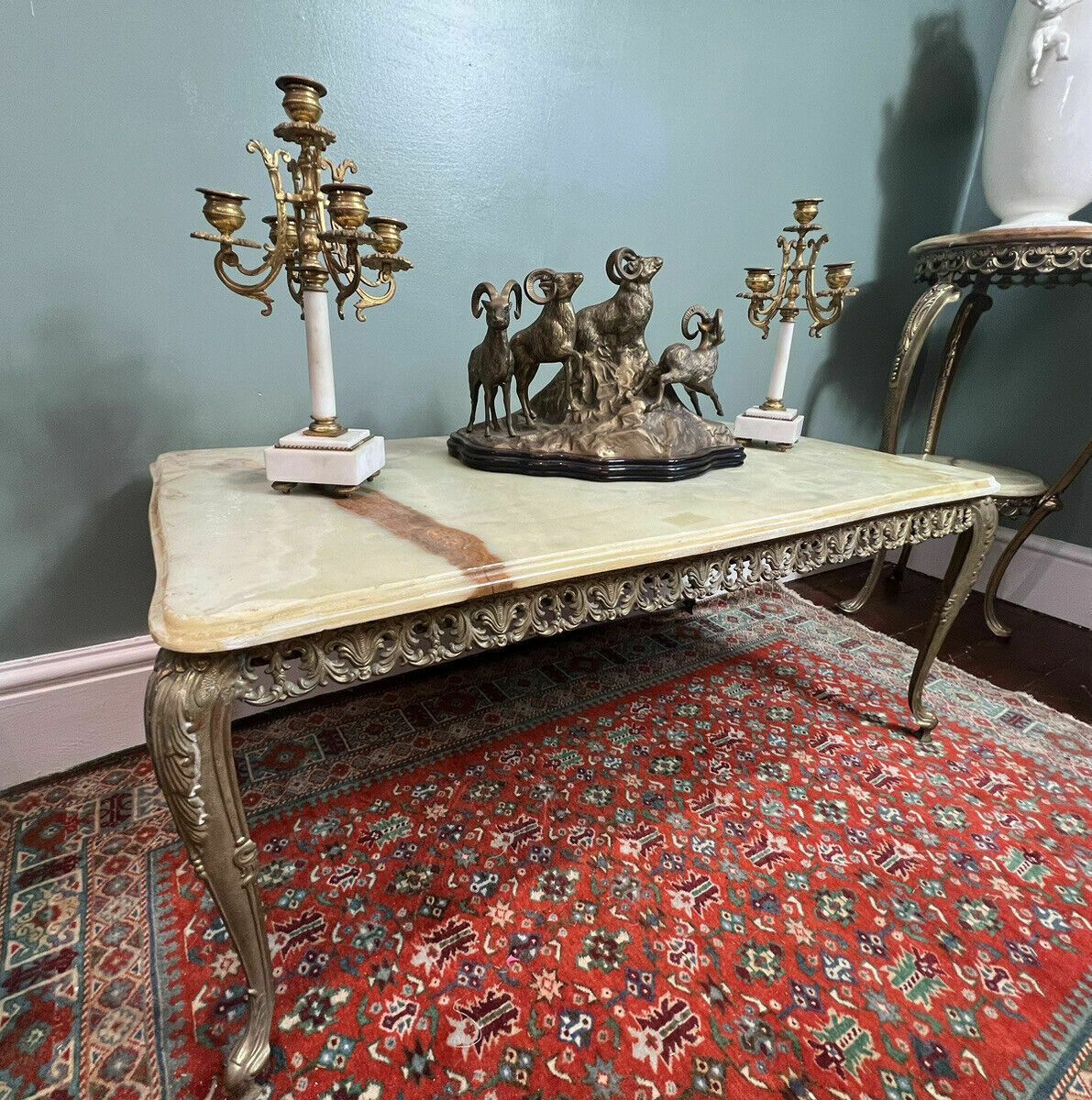 French Louis XVI Style Onyx Marble And Brass Filigree Ormolu Coffee Centre Table photo for sale