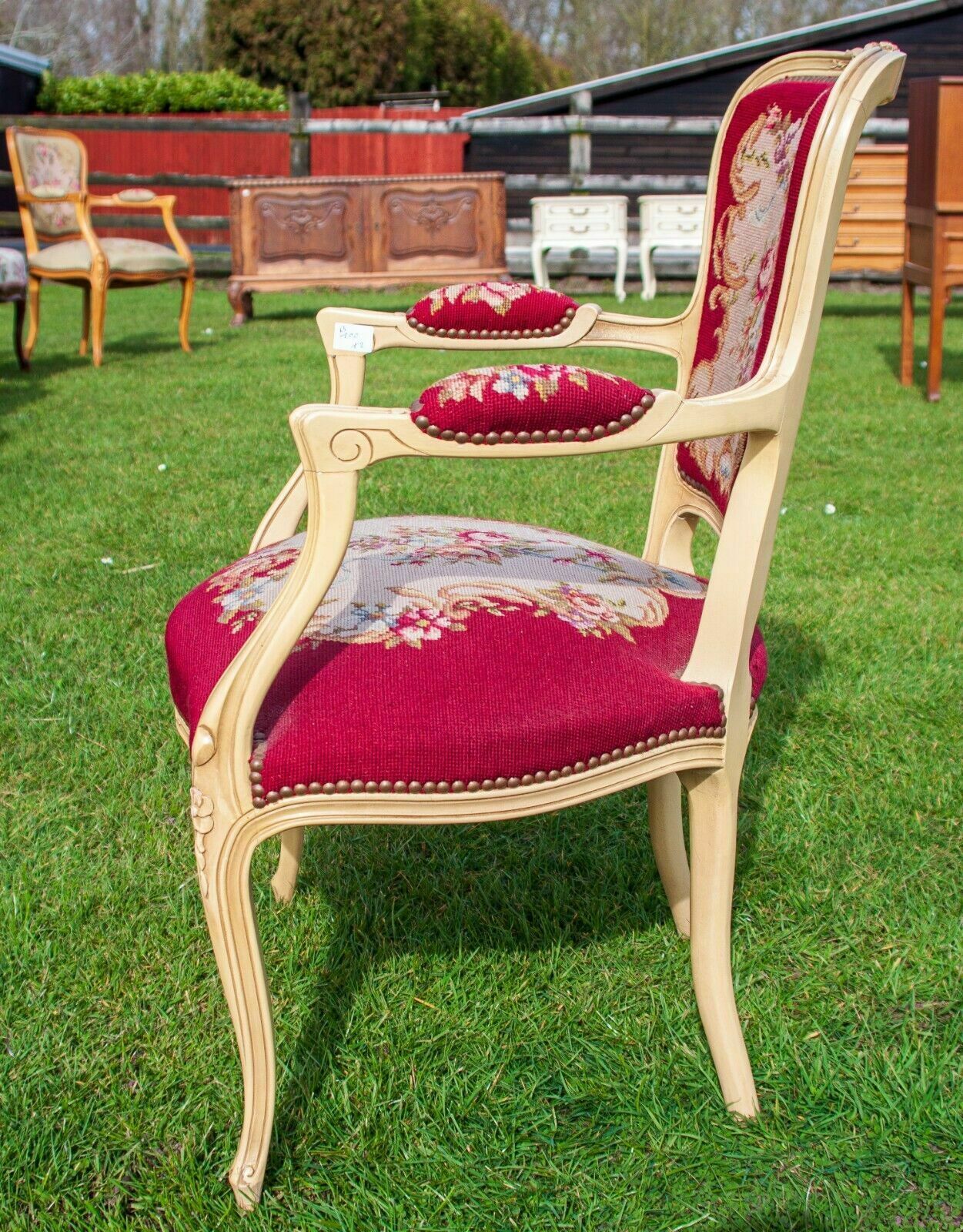 French Louis XV Painted Carved Oak Burgundy Floral Pattern Armchair photo buy