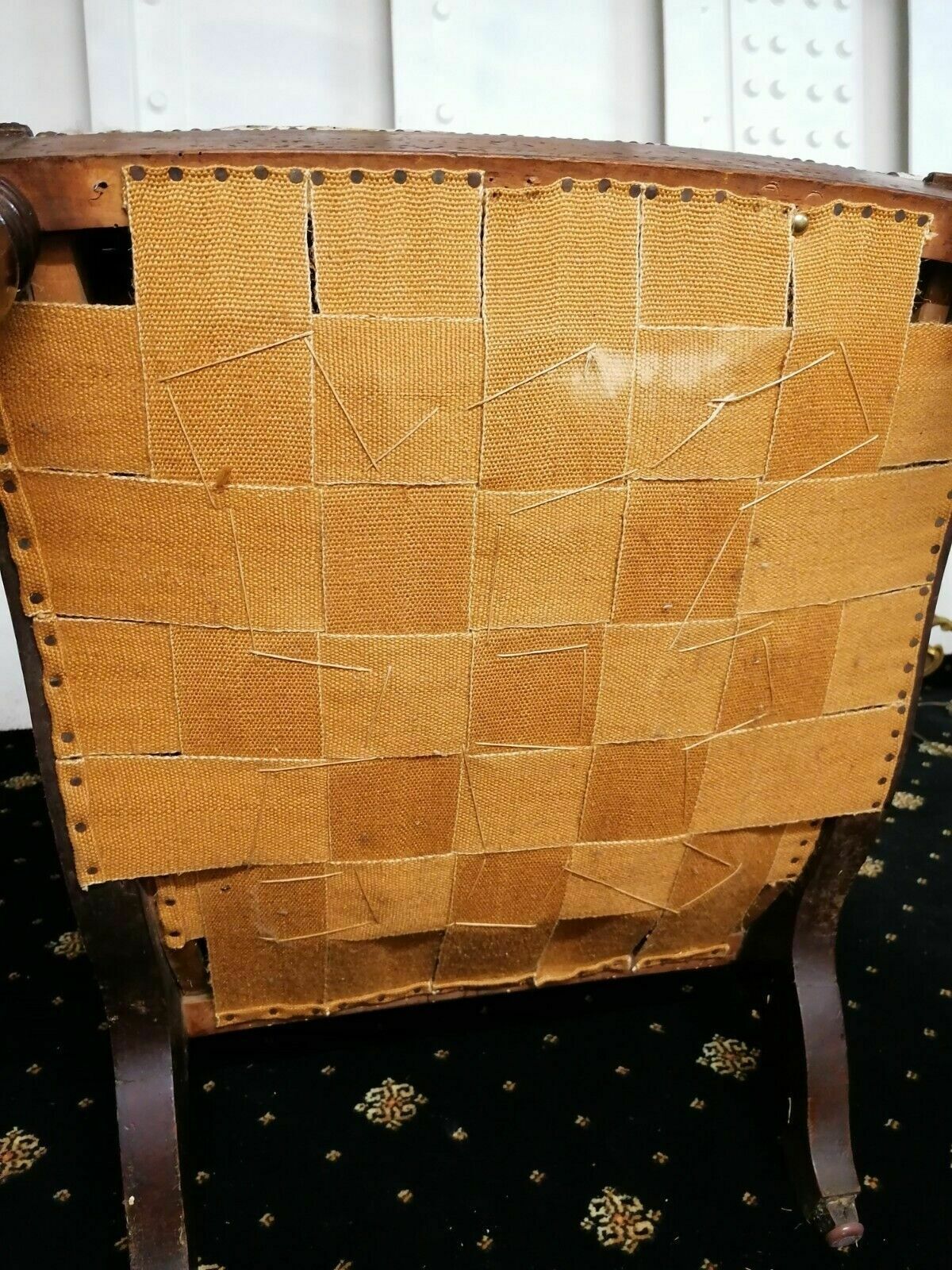 photo furniture Heavy French Antique High Back Mahogany Wheels Chair