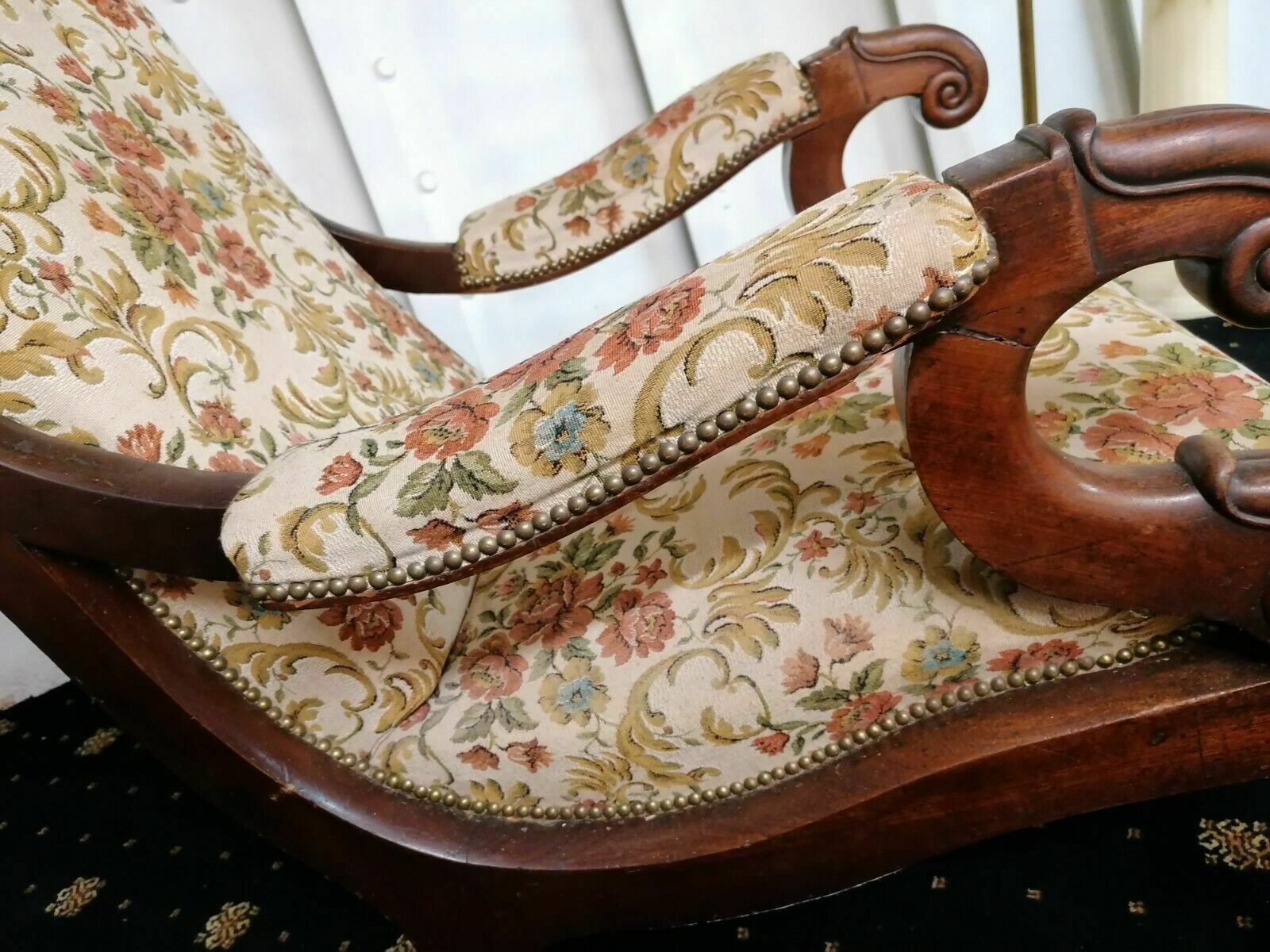 photo for sale Heavy French Antique High Back Mahogany Wheels Chair