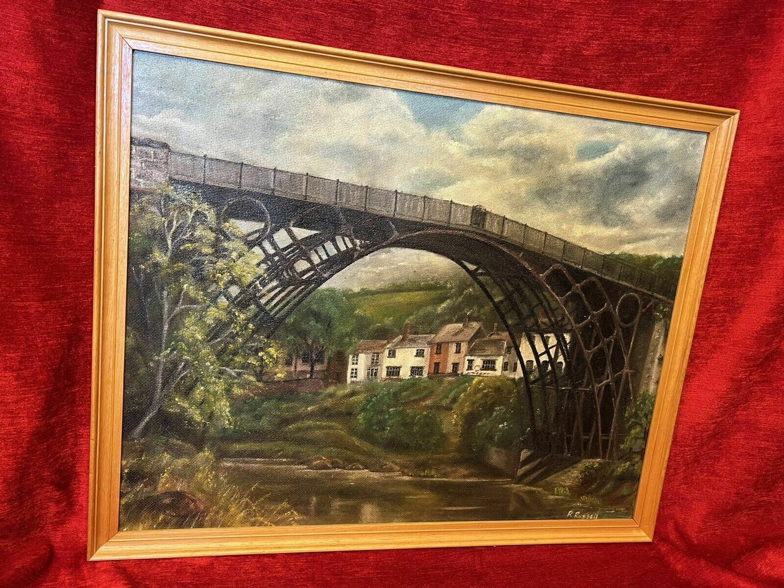Historic Monument Iron Bridge Shropshire 1779 Oil Painting Signed R Russell photo vinterior