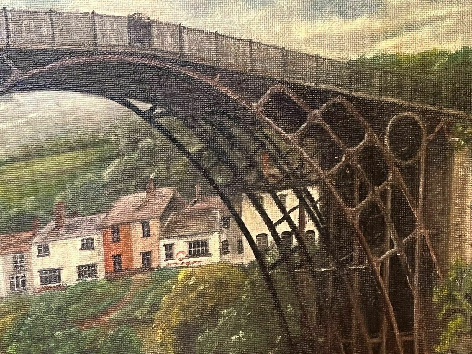 Historic Monument Iron Bridge Shropshire 1779 Oil Painting Signed R Russell photo vintage