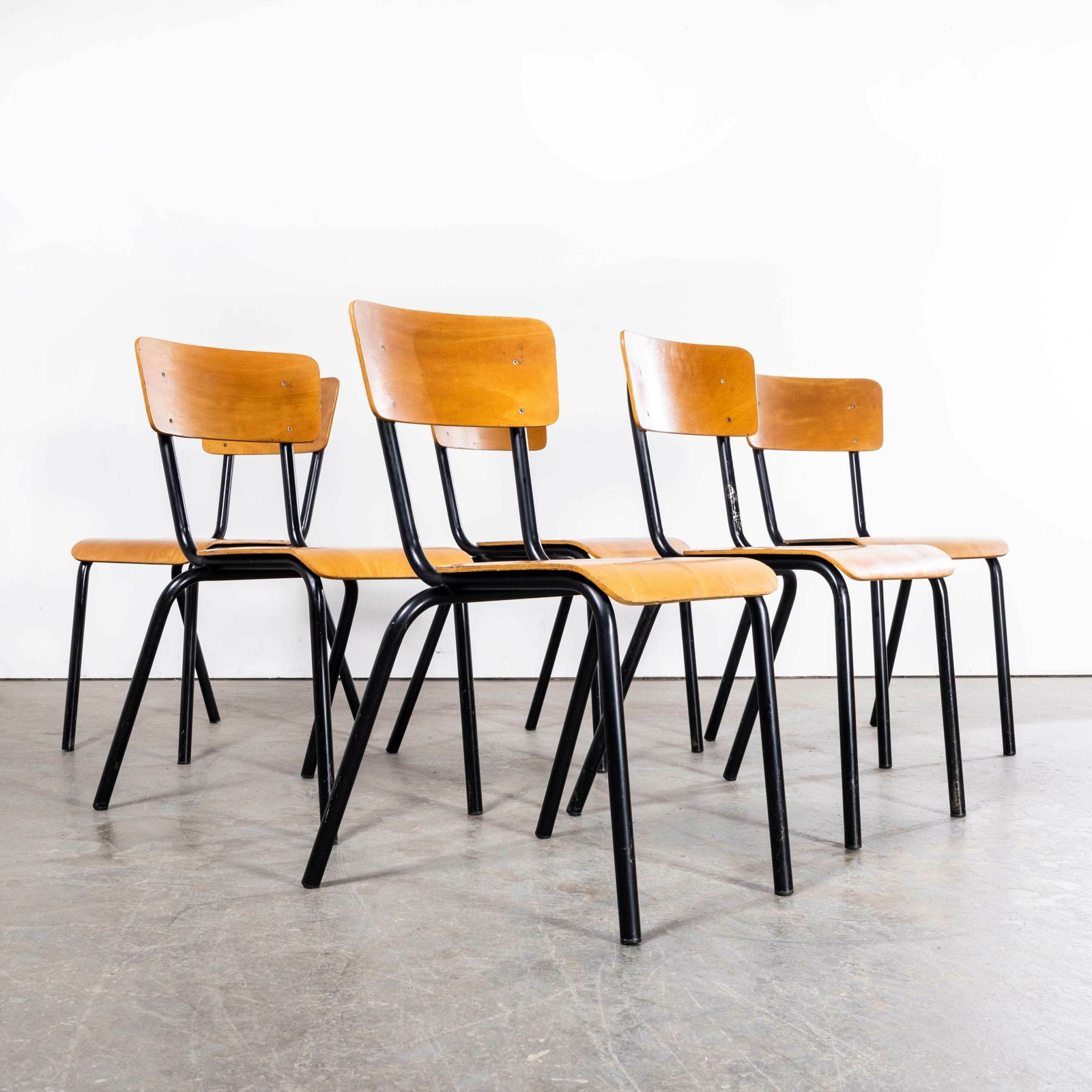 1960’s Original Black French Stacking University Dining Chairs Slim Back – Set Of Six