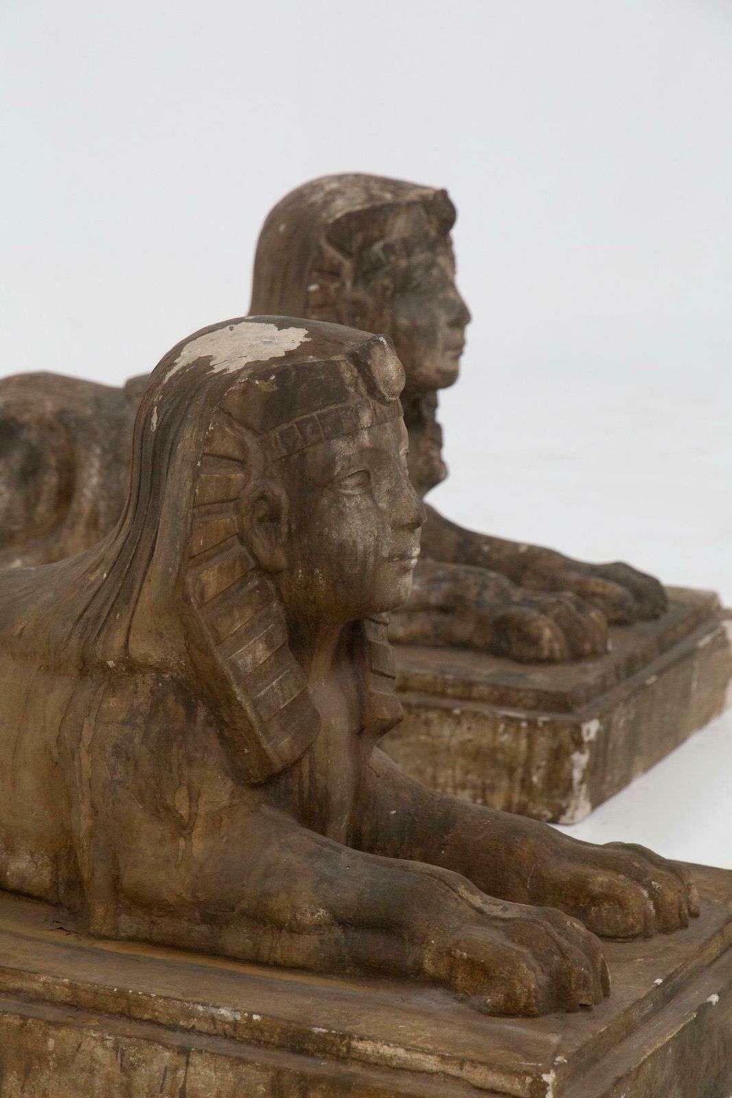 Pair Of Egyptian Sphinxes In Gold Coloured Scaiola Plaster photo vintage