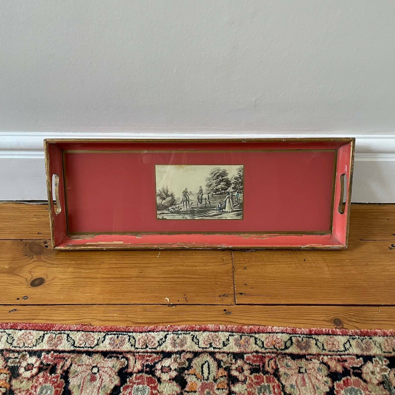 Antique Wooden Tray Display Wood Red Gold Rectangle Decorative Aged Patina Painted Photo Glass Inlay Handles Handmade