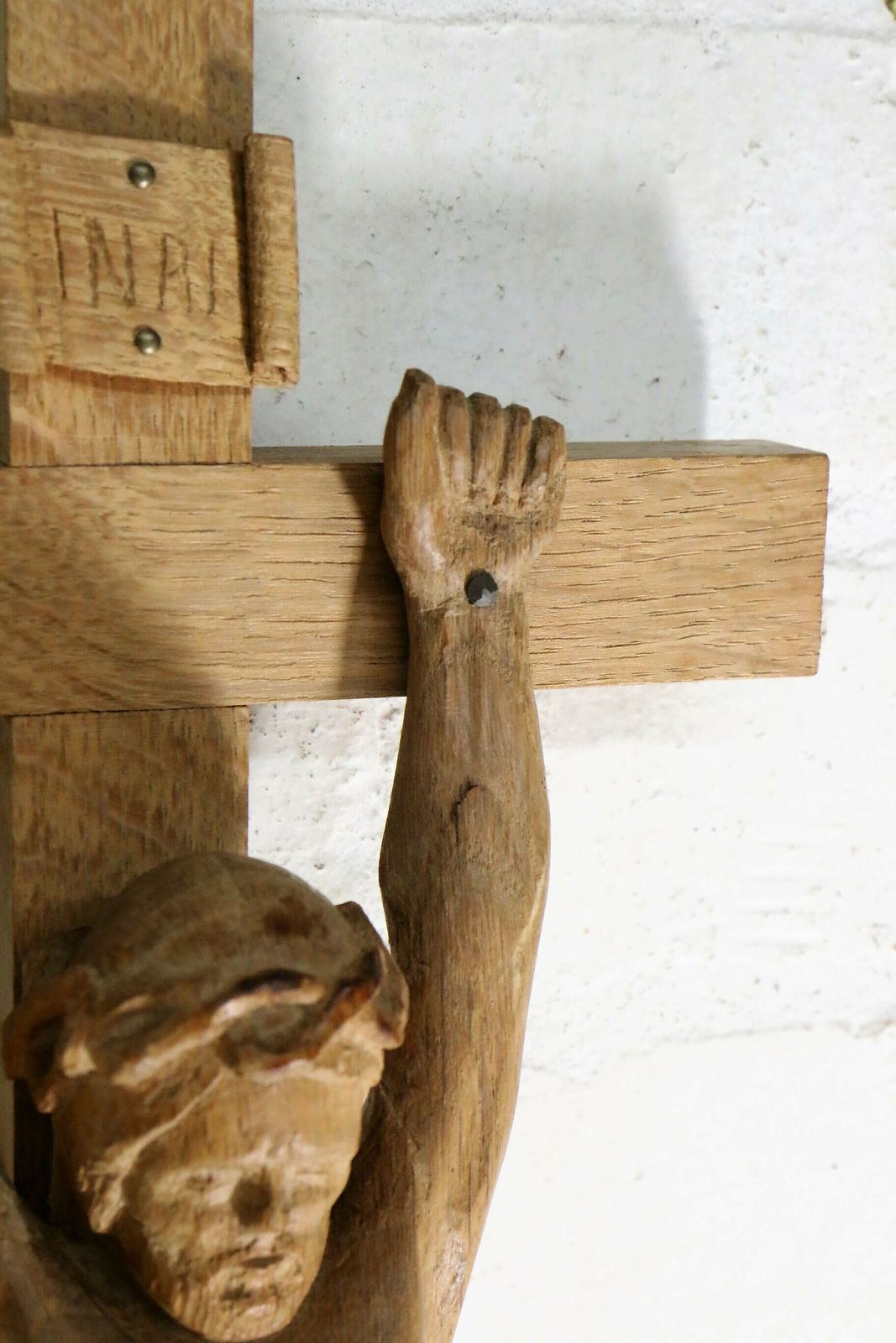 Vintage French Carved Catholic Crucifix In Light Oak Large 59 Cm Tall photo Home Decor