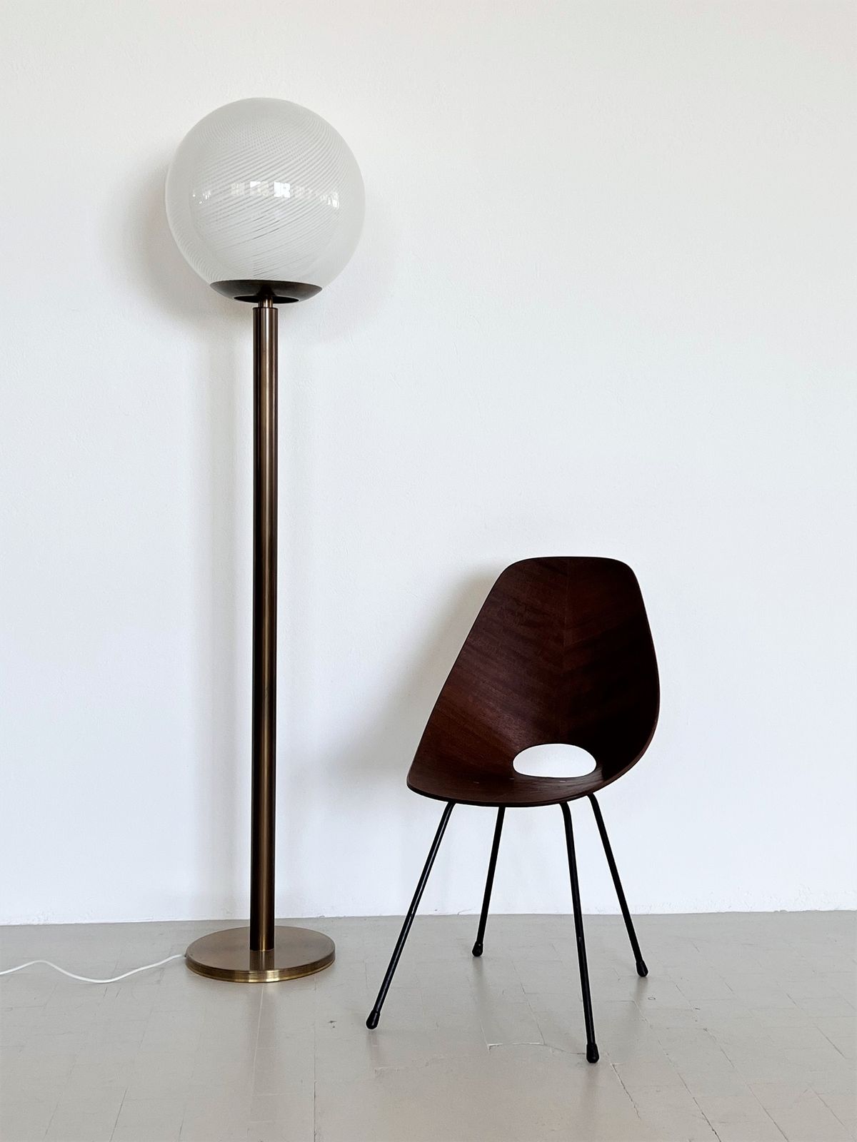 photo for sale Italian Murano Glass Globe And Brass Floor Lamp, 1970s
