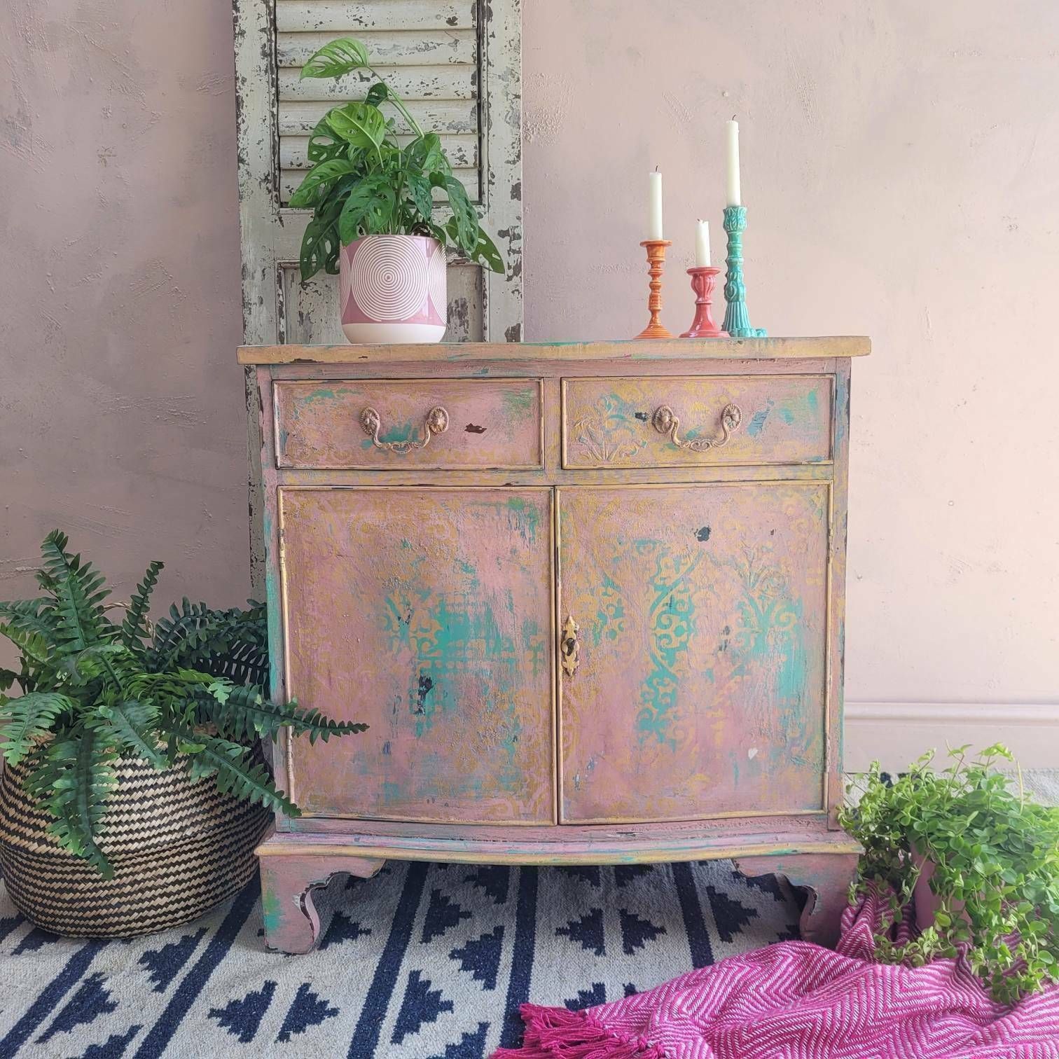Commission Item, Pink Gold Multi Colour Vintage Painted Drinks Cocktail Cabinet, Baby Change Unit
