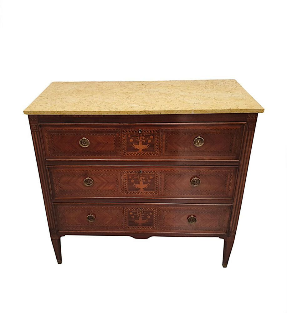 A Fine Early 20th Century Highly Inlaid Marble Top Chest Of Drawers photo for sale