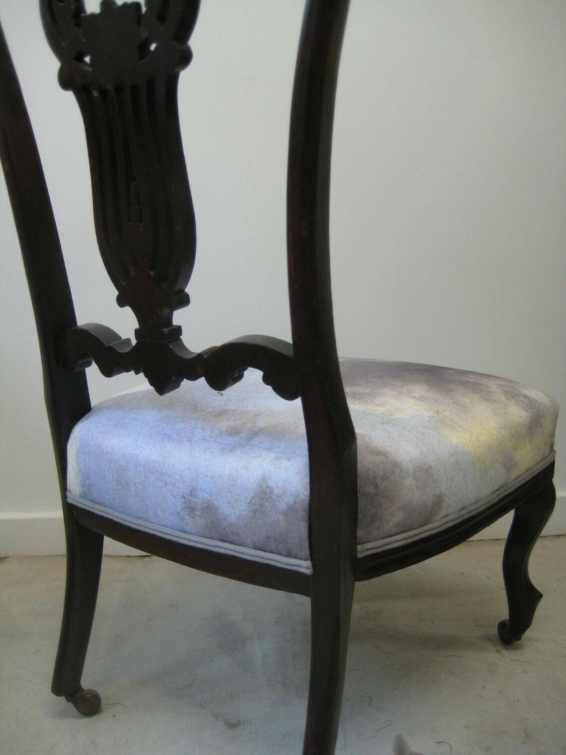 Antique Solid Wood Nursing Chair, Traditionally Upholstered With Grey Cloudscape Cotton Fabric photo Furniture