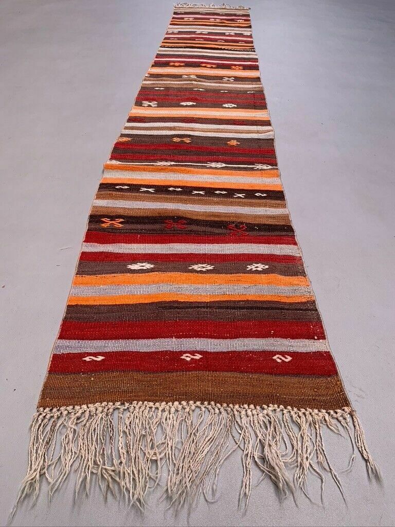 Old Turkish Narrow Kilim Runner 410x63 Cm Shabby Chic, Vintage Kelim