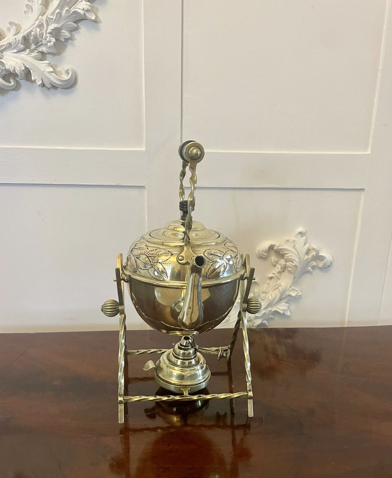 Home Decor Antique 19th Century Quality Brass Spirit Kettle On Stand photo