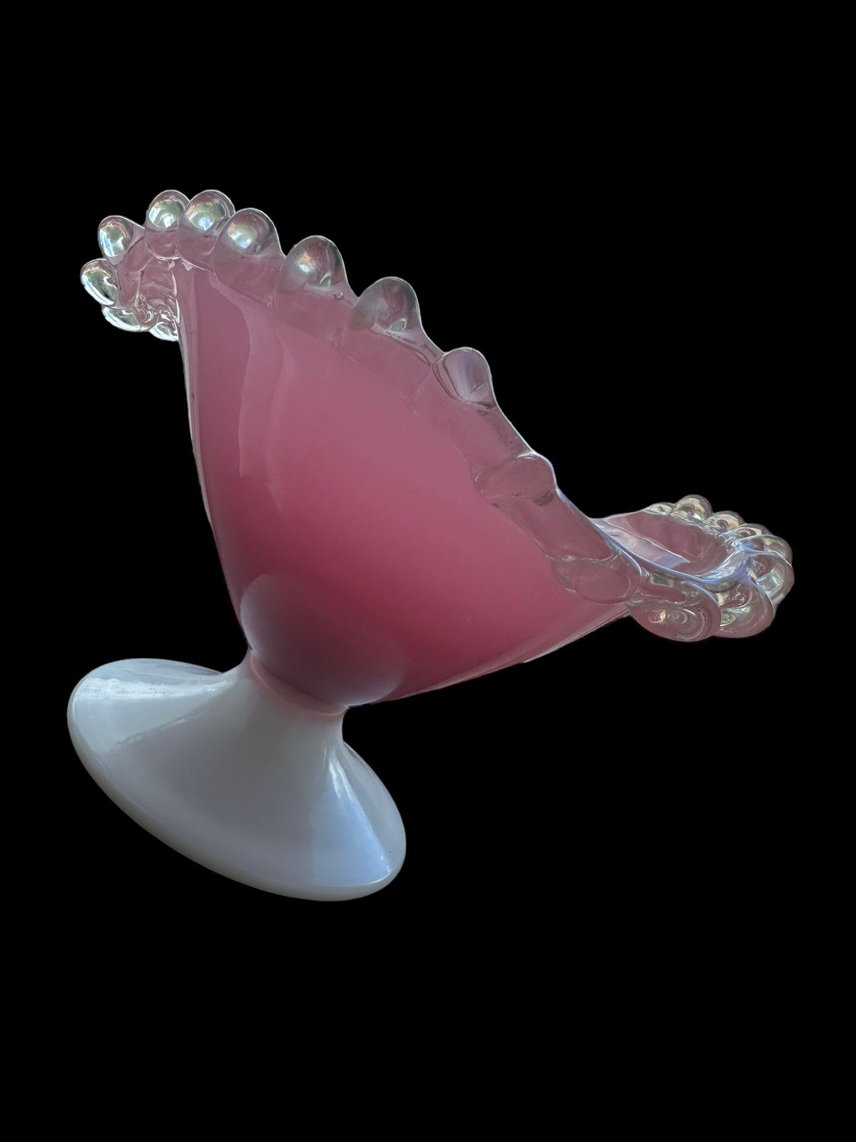 French Midcentury Pink And White Opaline Footed Glass Bowl photo buy