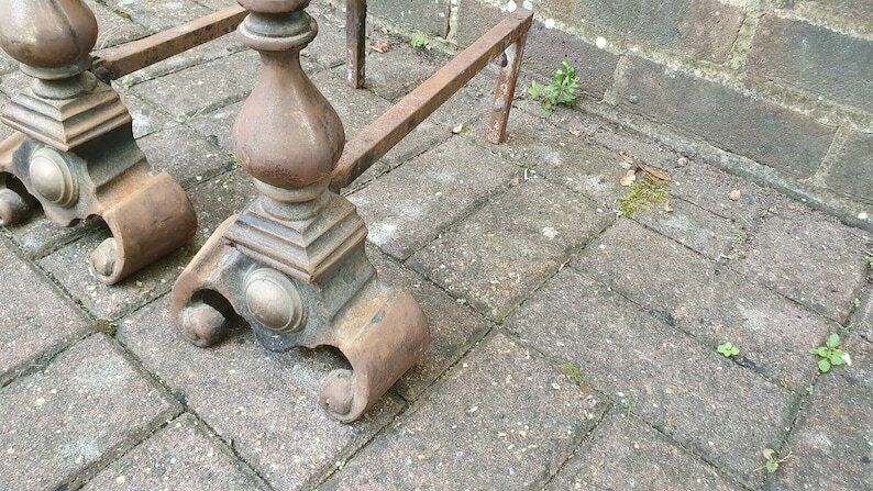 Pair Of Vintage Iron And Brass Fire Dogs Fireplace Fire Basket photo for sale