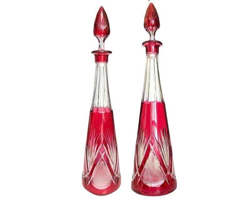 Val Saint Lambert Decanter Set | Eurydice Red And Green | 1 Decanter And 5 Sherry Glasses. photo for sale