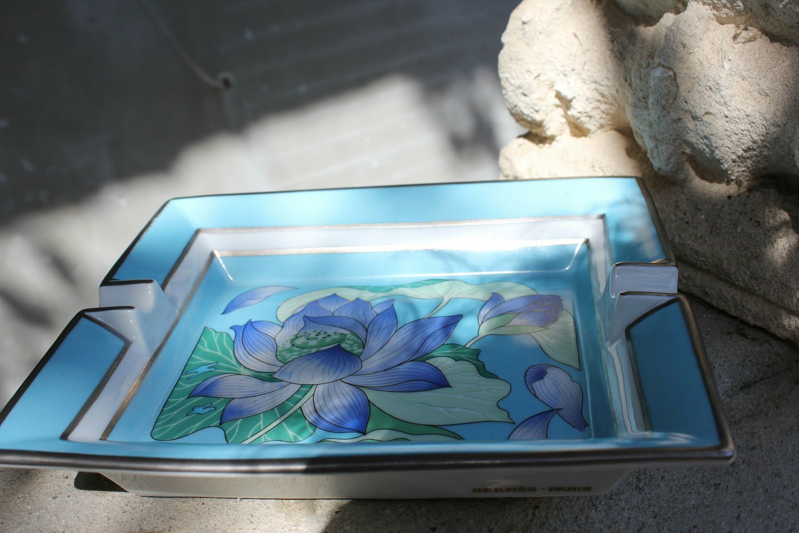 Hermes Porcelain Blue Flowers Ashtray Limoges French Porcelain Two Cigarette Cigars Ash Tray photo vinterior