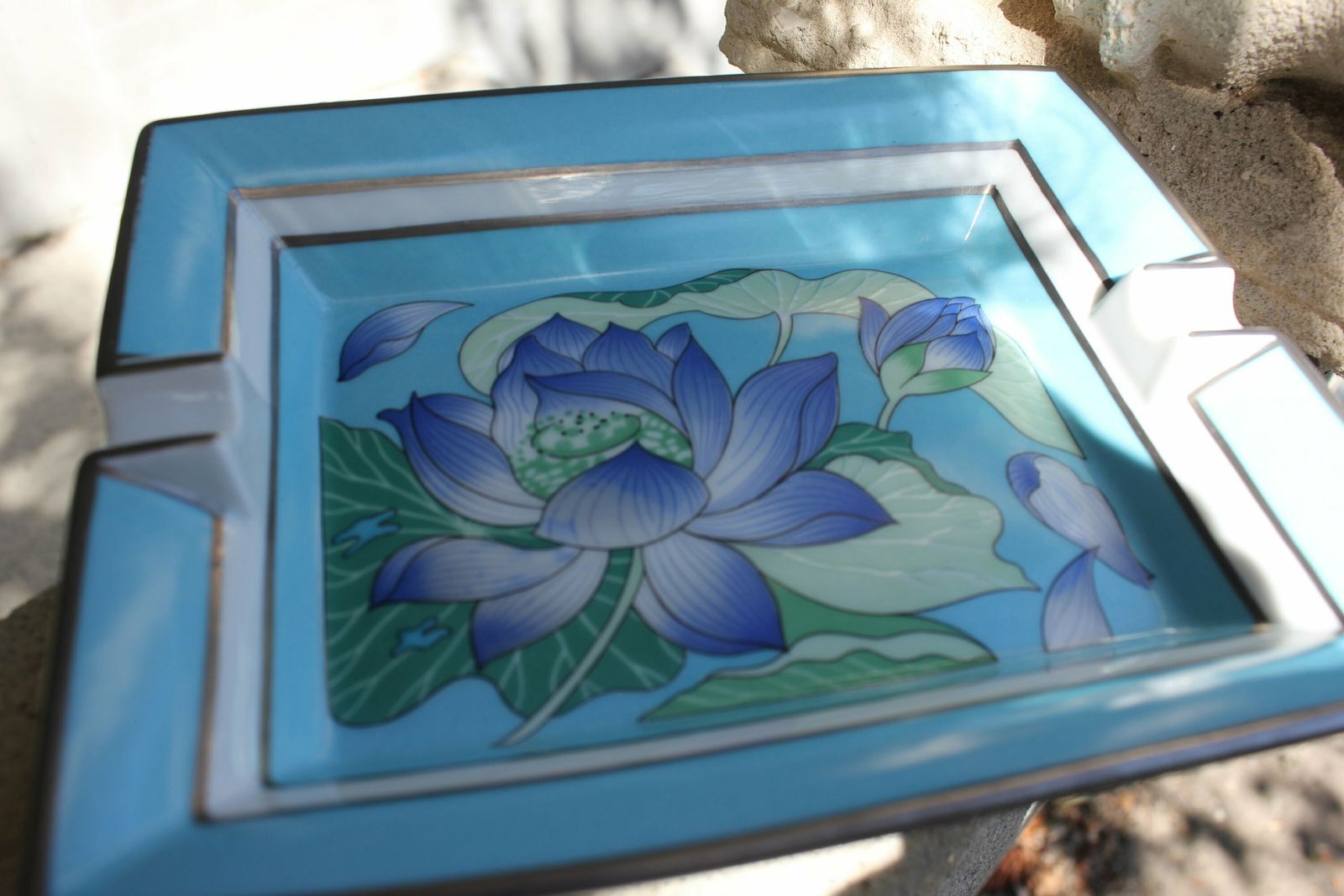 Hermes Porcelain Blue Flowers Ashtray Limoges French Porcelain Two Cigarette Cigars Ash Tray photo vintage