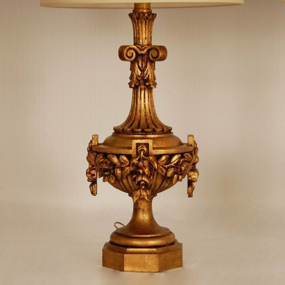 photo furniture Neoclassical Italian Lamps In Carved Gold Giltwood, Set Of 2