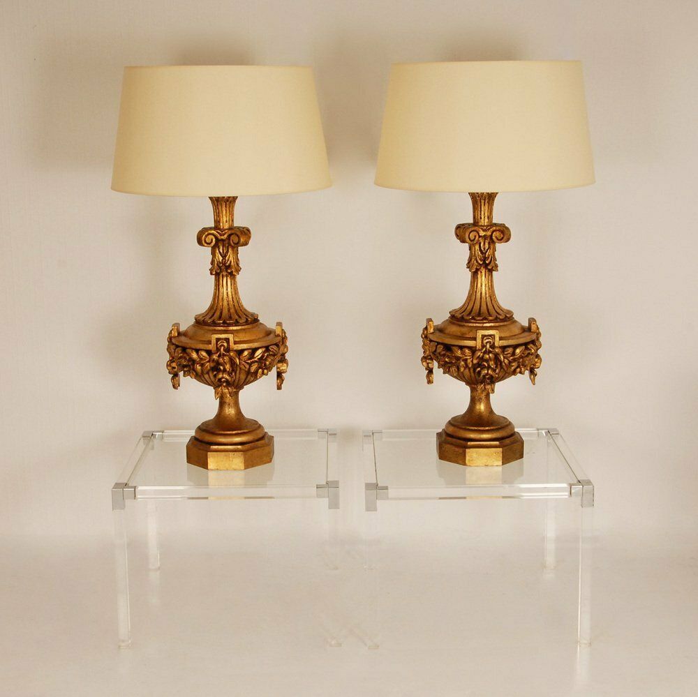 Lighting Neoclassical Italian Lamps In Carved Gold Giltwood, Set Of 2 photo