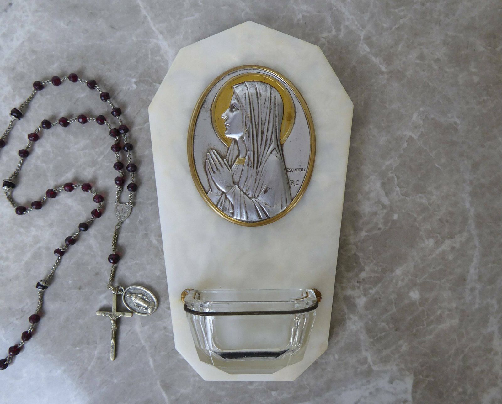 Art Deco Marble Holy Water Benitier With Escudero Medallion | Holy Water Font | Religious Decor