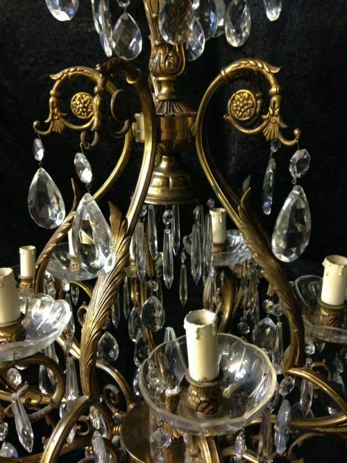 Eighteen Light French Brass And Crystal Antique Chandelier photo for sale
