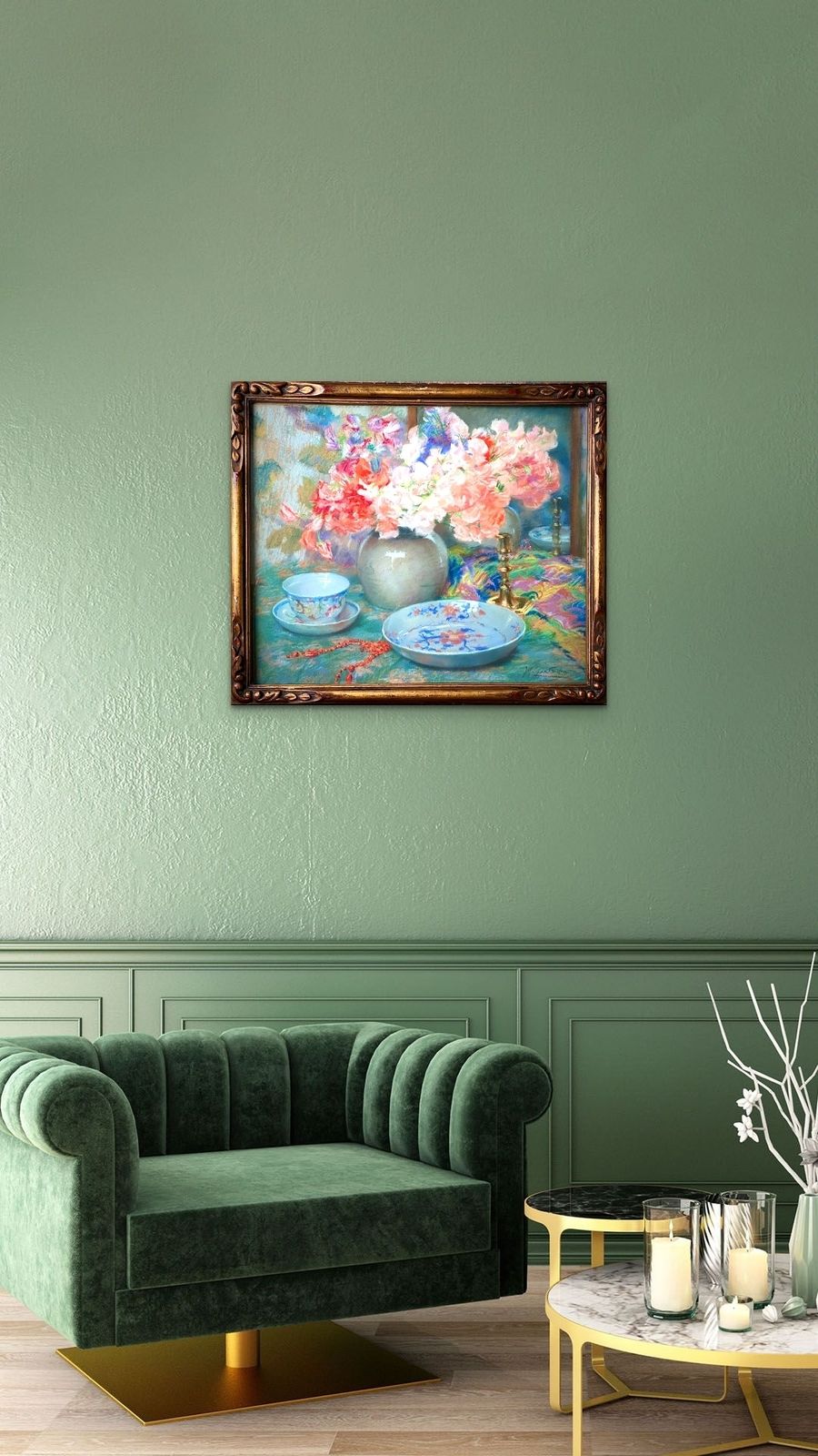 photo vinterior Joseph Vande Fackere, Brugge 1879 – 1946, Les Fleurs Et Accessoires, Pastel