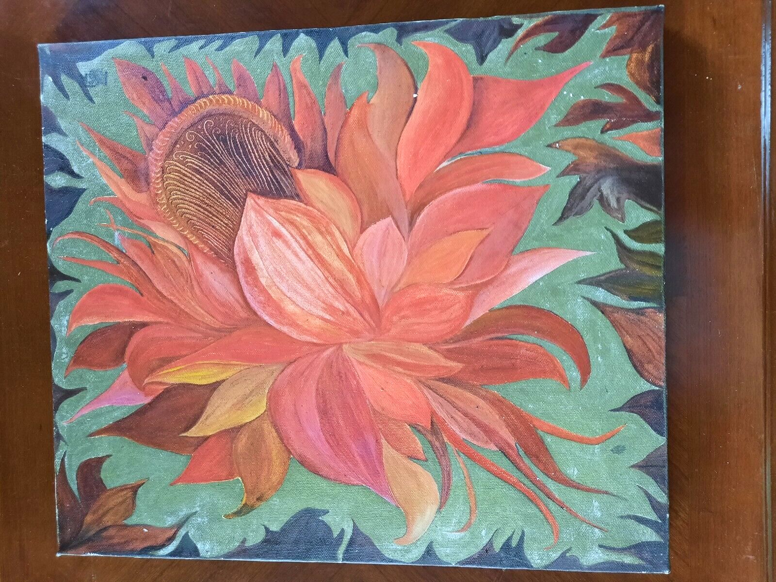 Vintage Original Gouache Painting On Canvas Of Red Flowerhead Petals