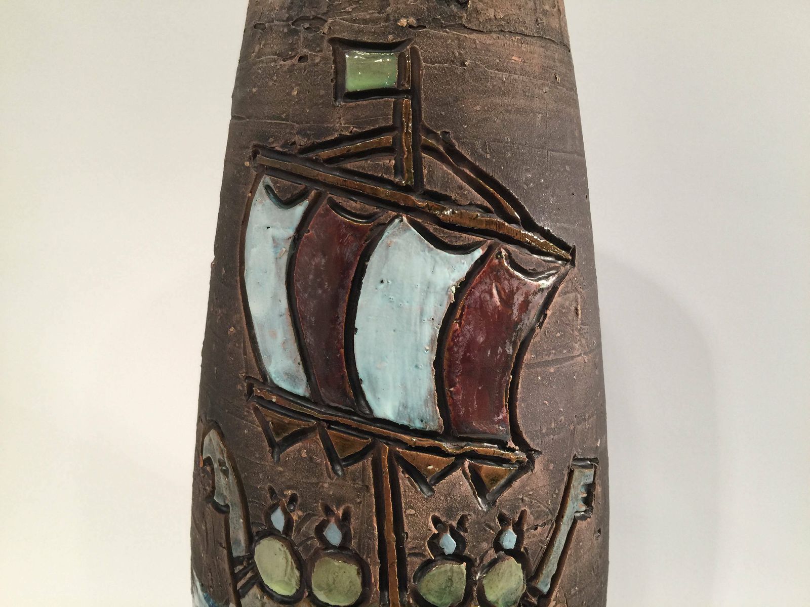 Swedish Chamotte Vase From Tilgmans With Motif Of Vikings In A Dragon Boat, Sweden, Mic Century Modern photo Home Decor