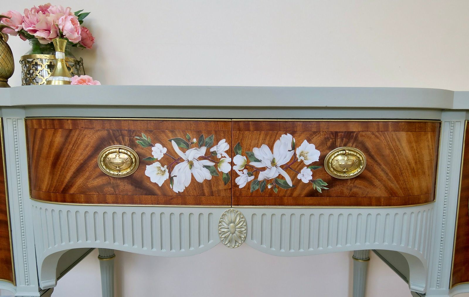 Vintage Mahogany Sideboard, Regency Sideboard, Bow Fronted Cabinet, Floral Magnolia Sideboard, Green Grey Buffet photo buy
