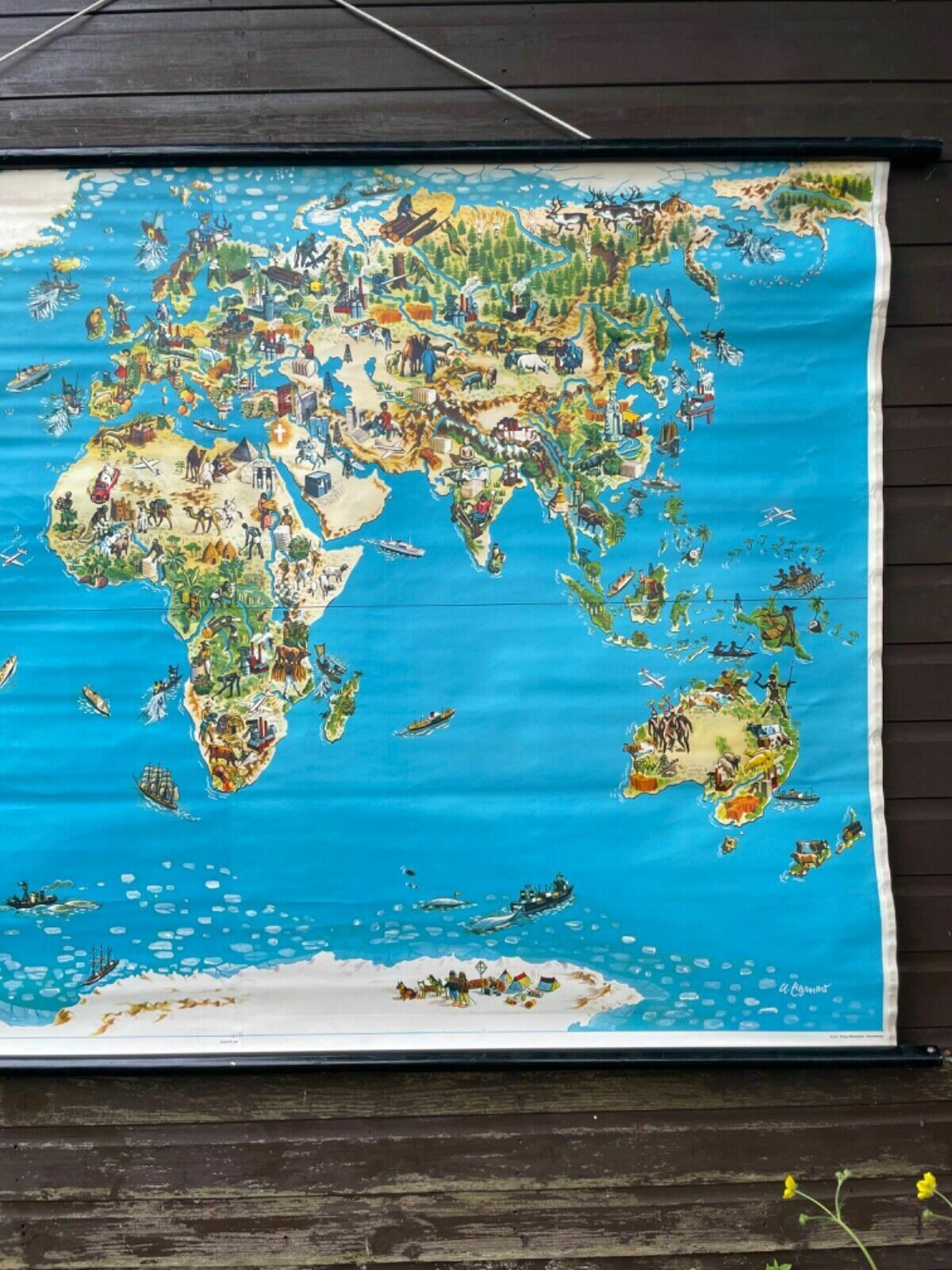 Large Rare Vintage Map Of The World School Chart Trade Pictorial Linen Poster photo Art