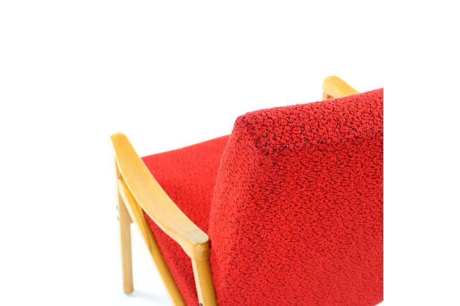 photo for sale Midcentury Armchair In Light Beech & Red Fabric By Interier Praha, Czechoslovakia 1971