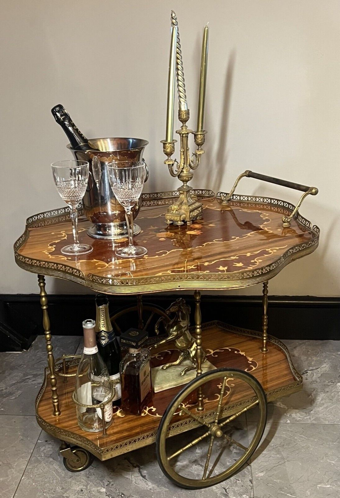 photo furniture Italian Mid Century Marquetry Double Serpentine Barwagon