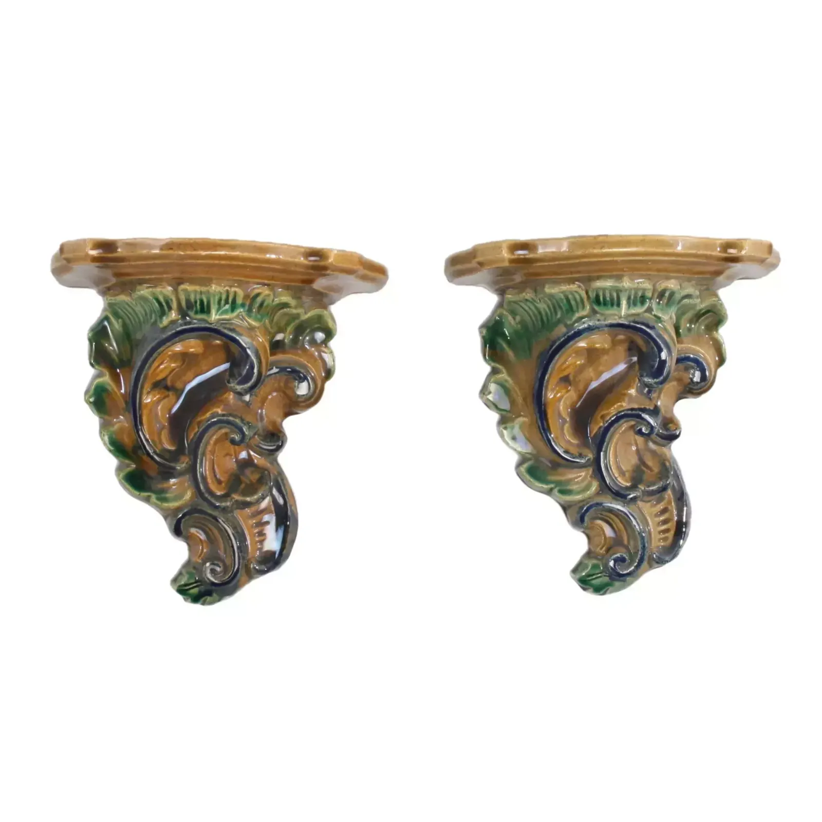 A Pair Of Consoles "Majolica, 1800s