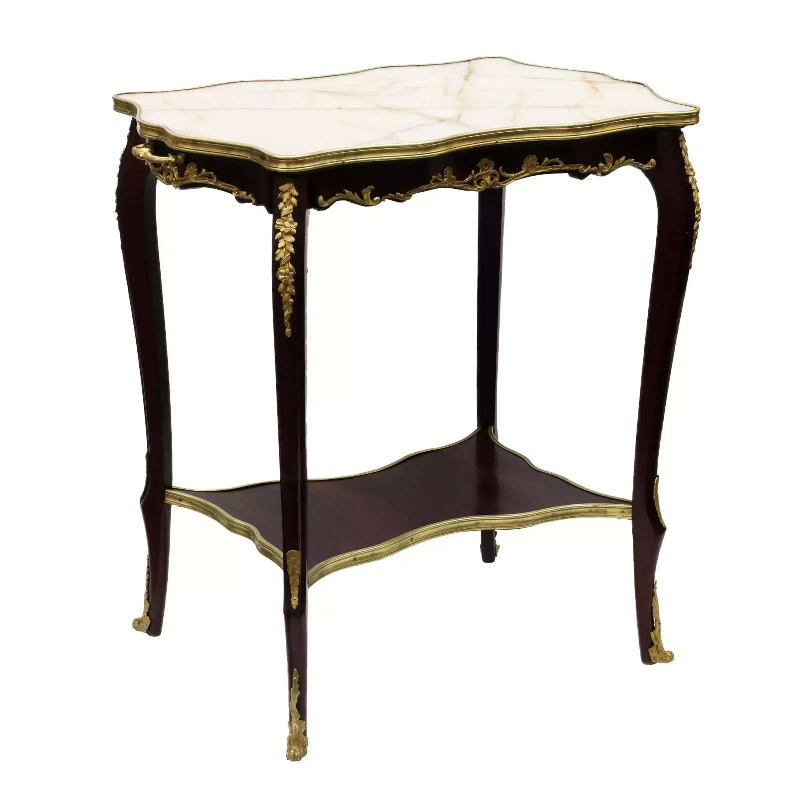 Serving Table Mahogany, Gilded Bronze With A Marble Top Of The Turn Of The 19th And 20th Centuries.