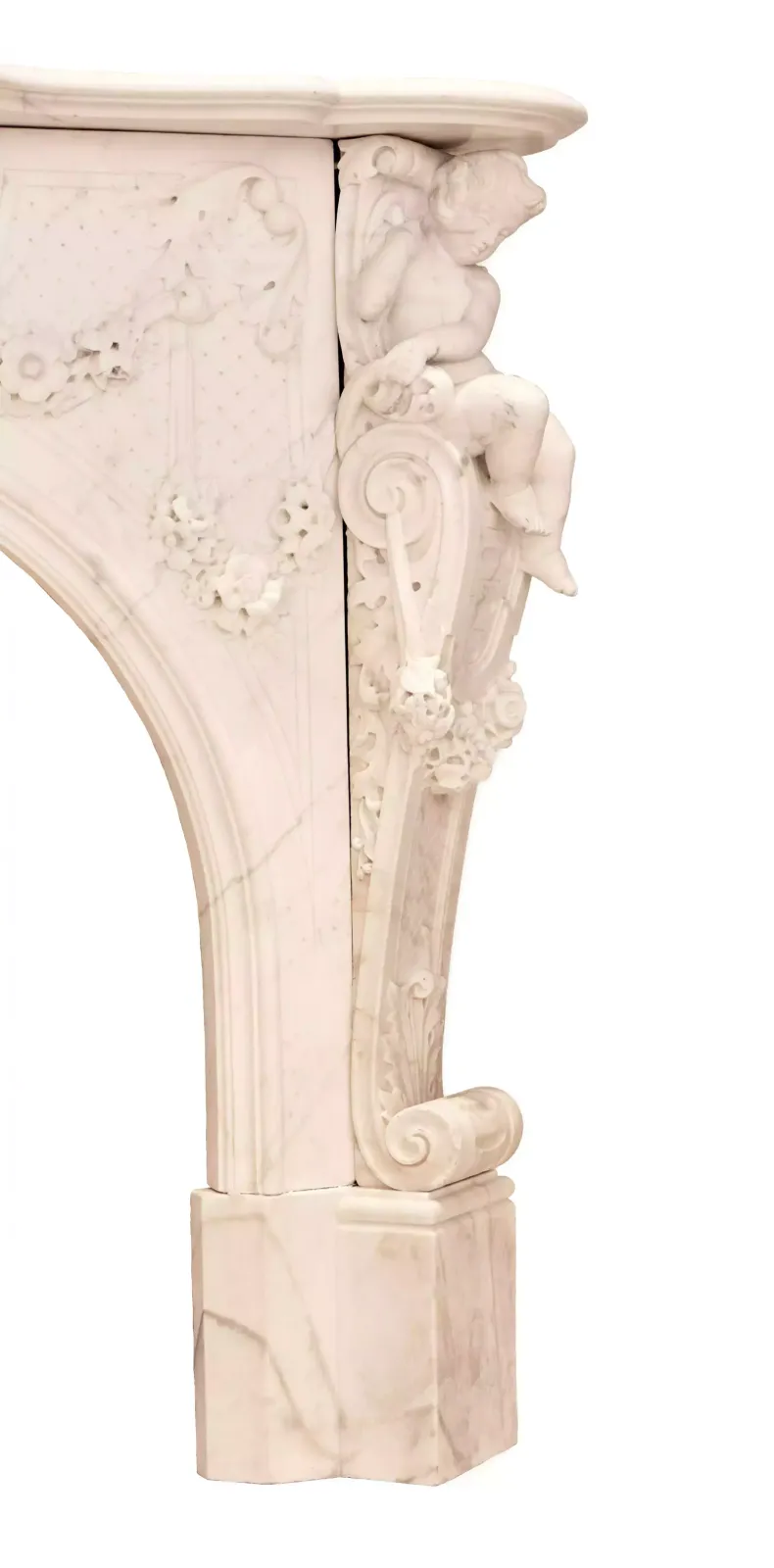 photo for sale French White Marble Fireplace With Cupids, Louis XV Style. 19th Century