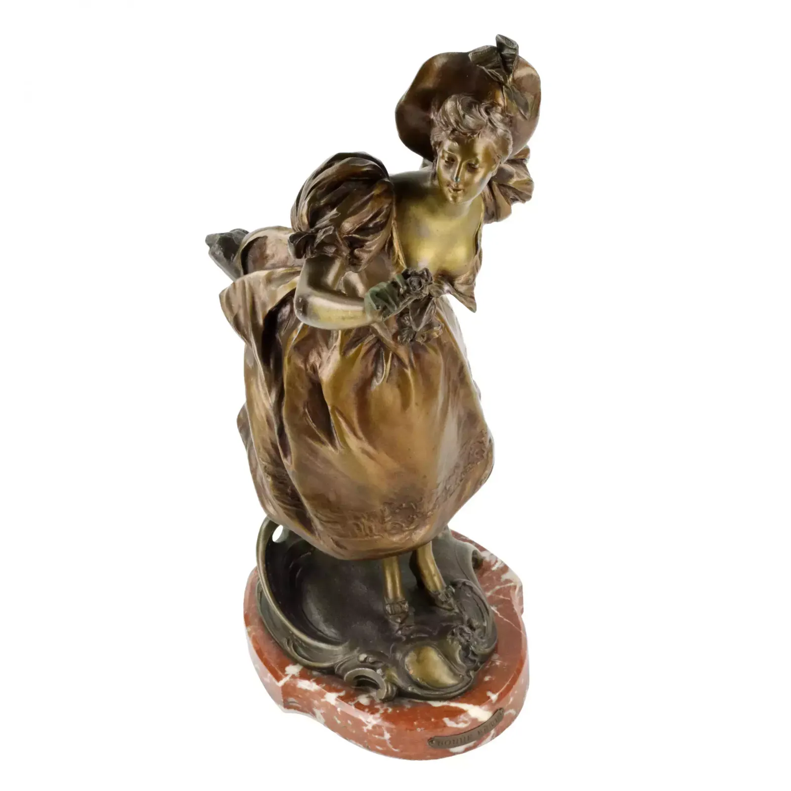 French, Bronzed Metal Figure On A Marble Base. Happy Holiday. photo for sale