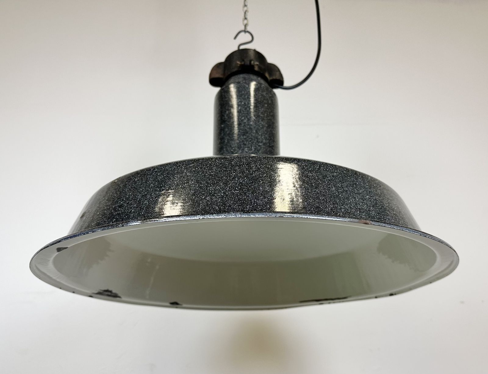 Large Industrial Grey Enamel Factory Lamp With Cast Iron Top, 1960s photo for sale
