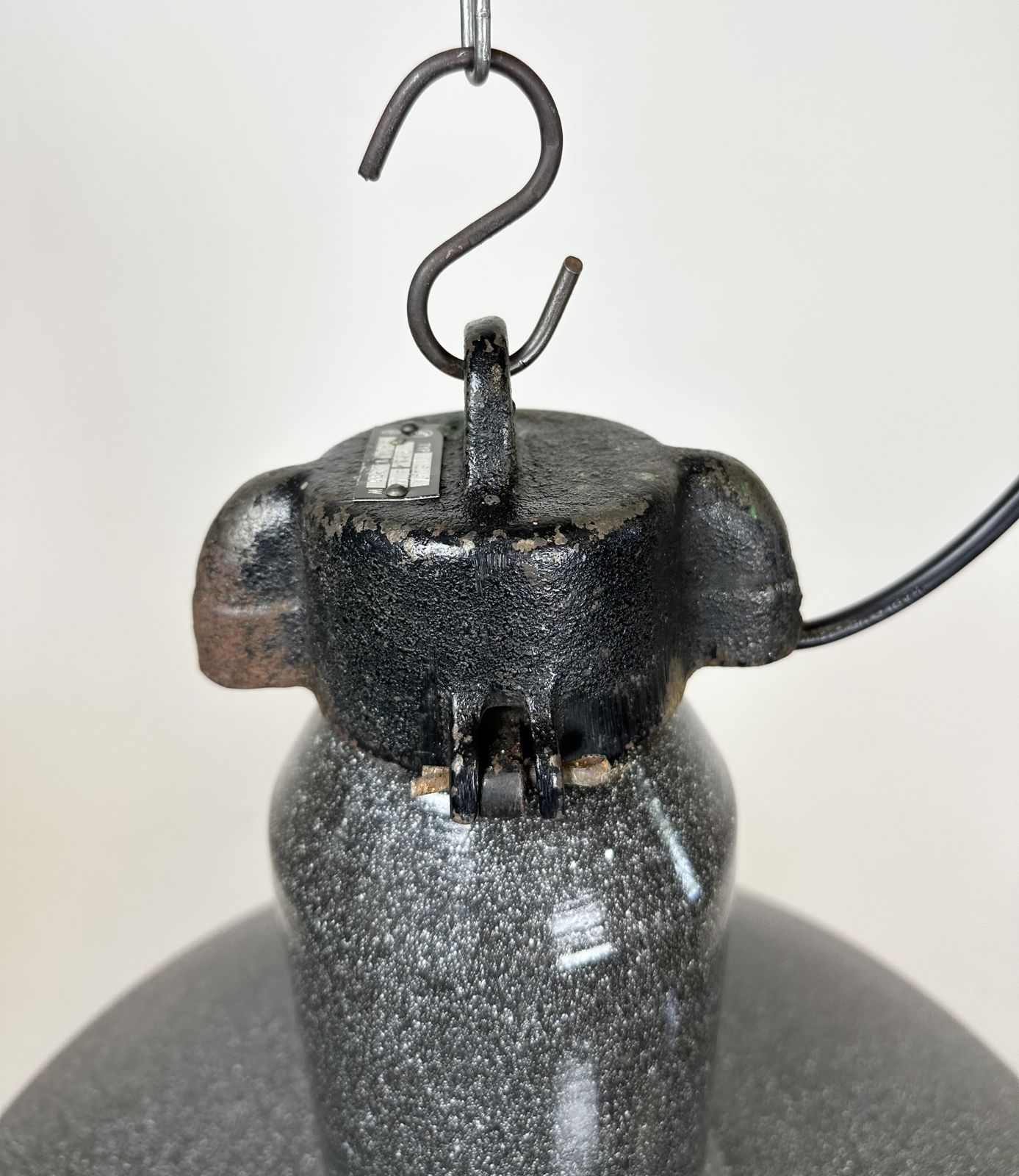 Large Industrial Grey Enamel Factory Lamp With Cast Iron Top, 1960s photo vinterior