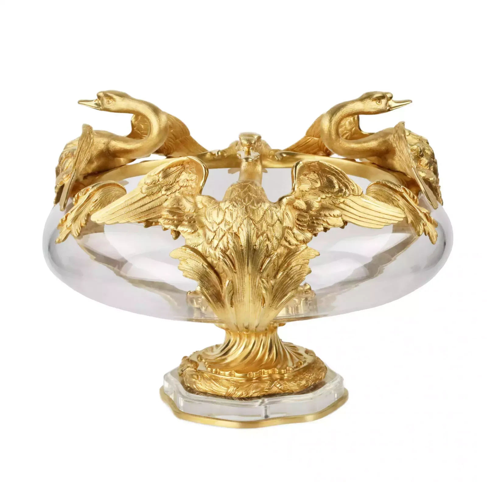 Pair Of Round Vases In Cast Glass And Gilded Bronze With Swans Motif. France 20th Century. photo vinterior