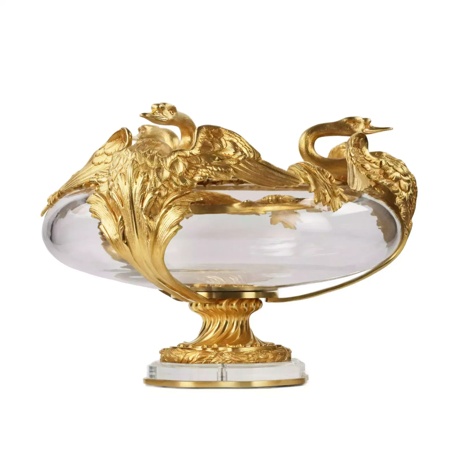 Pair Of Round Vases In Cast Glass And Gilded Bronze With Swans Motif. France 20th Century. photo buy