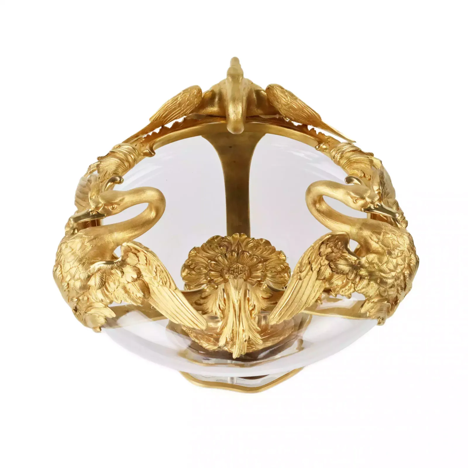 Pair Of Round Vases In Cast Glass And Gilded Bronze With Swans Motif. France 20th Century. photo vintage