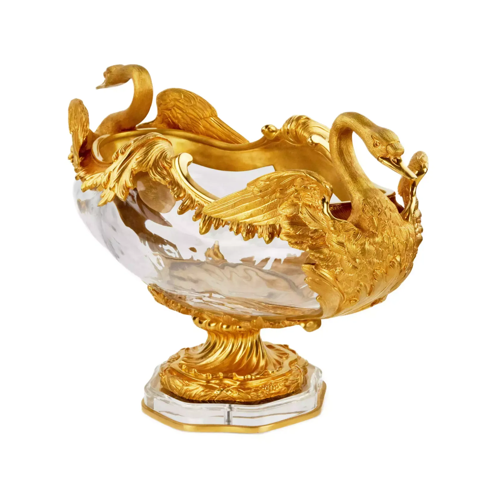 Pair Of Oval Vases In Cast Glass And Gilt Bronze, With Swan Motif. France 20th Century. photo vinterior