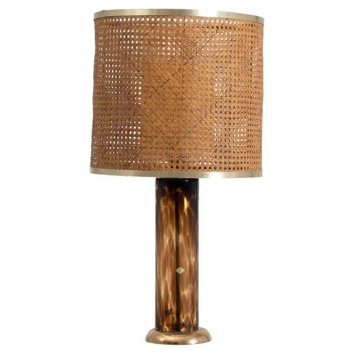 1980s Mid Century Modern Glass Italian Table Lamp With Vienna Straw Lampshade